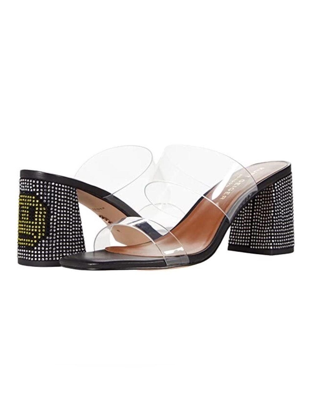 Kurt Geiger London clear strapped smiley face rhinestone block heel (size US 8)